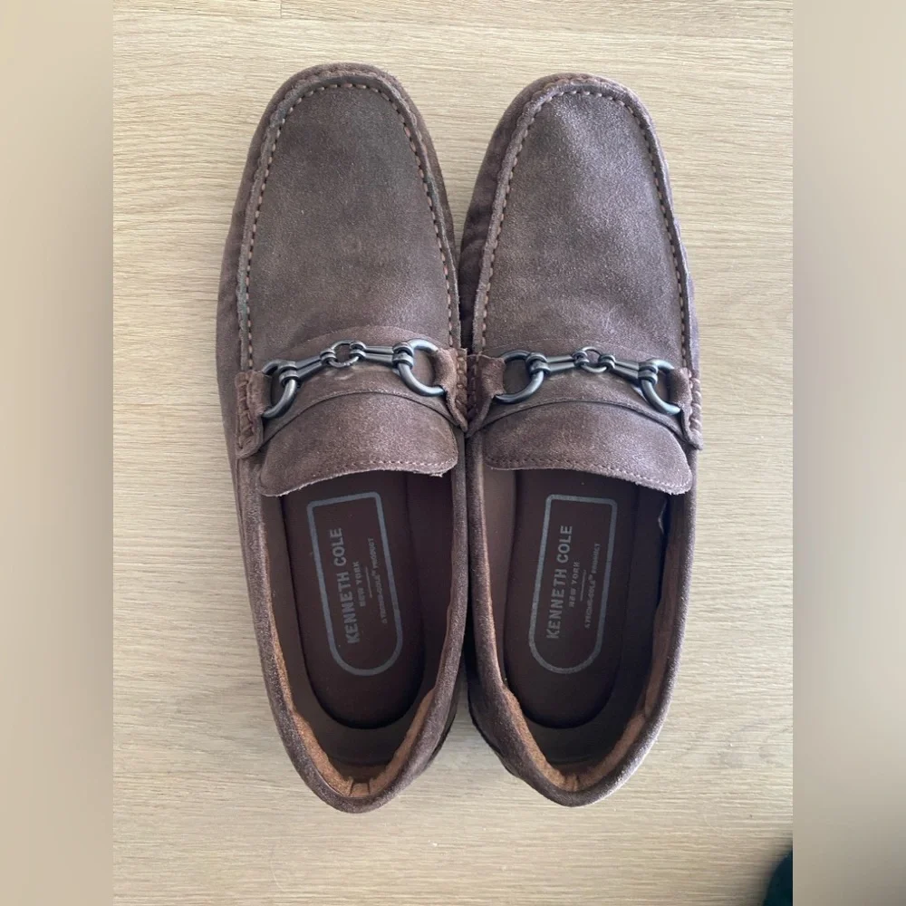 Kenneth Cole NY Brown Suede Driving Loafers Mens Horsebit Chain Slip On 10.5